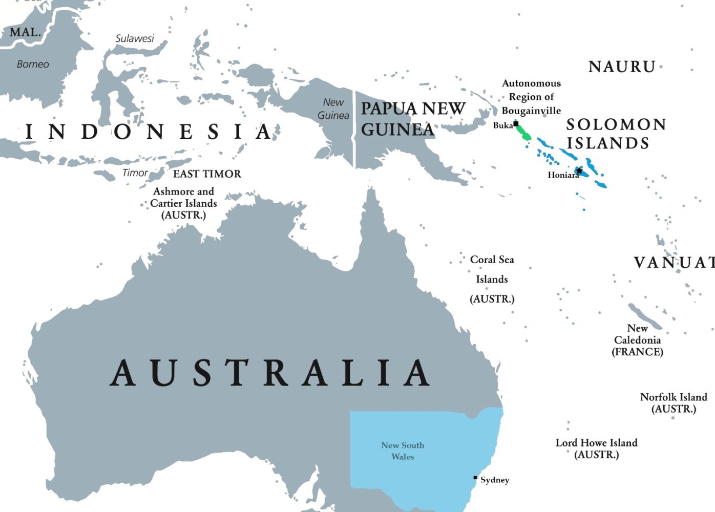 A map of the Oceania region, with the twinned jurisdictions of Bougainville and Solomon Islands marked